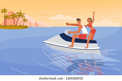 Dream scene with Beautiful Ireland. People on summer vacation concept. A young man and woman race to a beautiful island in the sea  on aquabike. Flat Art Vector illustration