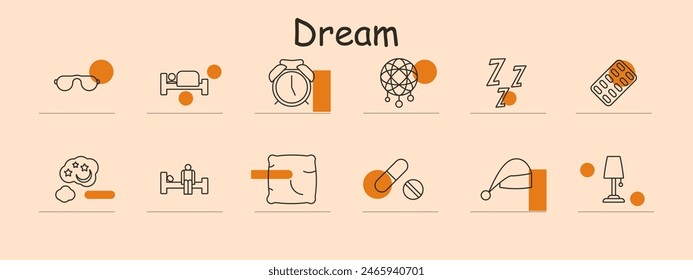 Dream set icon. Sleep mask, bed, alarm clock, dreamcatcher, ZZZ symbol, pills, cloud, pillow, sleeping cap, night lamp. Sleep, rest, relaxation, night.