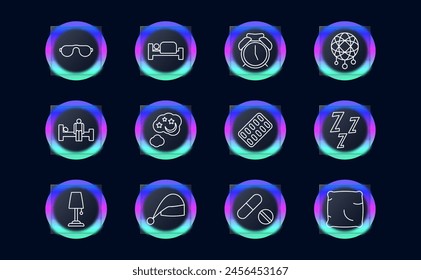 Dream set icon. Slumber, repose, bed, alarm clock, dream catcher, Z, snoring, melatonin, pillow, tablets, pills, sleep cap, lamp, man on doss, glassmorphism. Sleep concept.