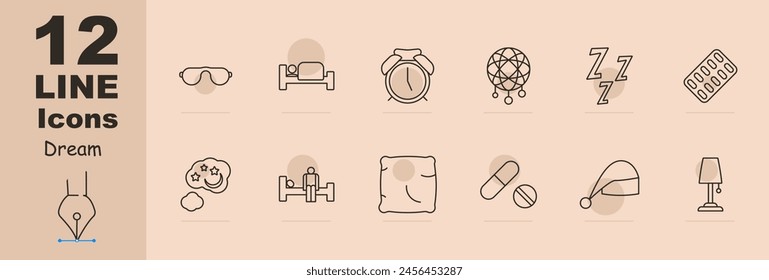 Dream set icon. Slumber, repose, bed, alarm clock, dream catcher, Z, snoring, melatonin, pillow, tablets, pills, sleep cap, lamp, man on doss. Sleep concept.