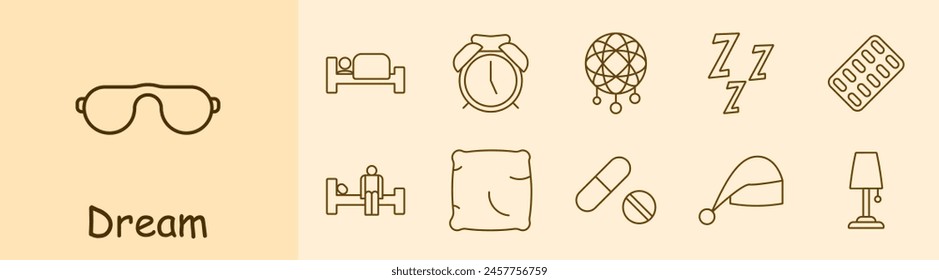 Dream set icon. Slumber, repose, bed, alarm clock, dream catcher, Z, snoring, melatonin, pillow, tablets, pills, sleep cap, lamp, man on doss. Sleep concept.