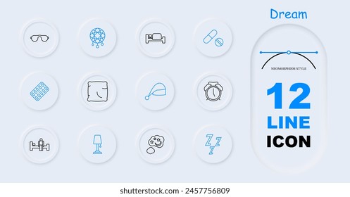 Dream set icon. Slumber, repose, bed, alarm clock, dream catcher, Z, snoring, melatonin, pillow, tablets, pills, sleep cap, lamp, man on doss, neomorphism. Sleep concept.