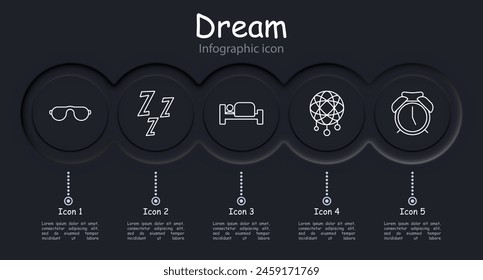 Dream set icon. Slumber, repose, bed, alarm clock, dream catcher, Z, snoring, melatonin, pillow, infographic, sleep cap, neomorphism, black on white. Sleep concept.