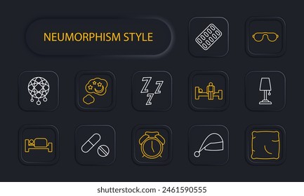 Dream set icon. Slumber, repose, bed, alarm clock, dream catcher, Z, snoring, melatonin, pillow, tablets, pills, sleep cap, lamp, man on doss, neomorphism. Sleep concept.