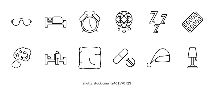 Dream set icon. Slumber, repose, bed, alarm clock, dream catcher, Z, snoring, melatonin, pillow, tablets, pills, sleep cap, lamp, man on doss. Sleep concept.