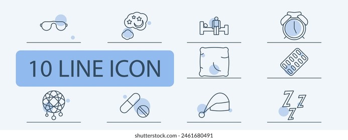 Dream set icon. Slumber, repose, bed, alarm clock, dream catcher, Z, snoring, melatonin, pillow, tablets, pills, sleep cap, lamp, man on doss. Sleep concept.