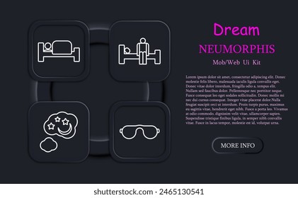 Dream set icon. Slumber, repose, bed, alarm clock, dream catcher, Z, snoring, melatonin, pillow, tablets, pills, sleep cap, lamp, man on doss, neomorphism. Sleep concept.