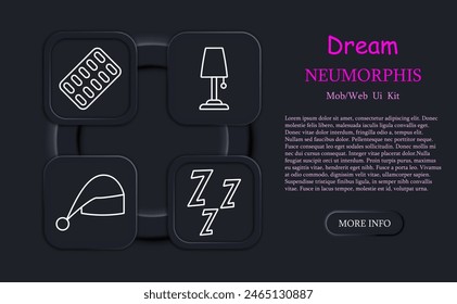 Dream set icon. Slumber, repose, bed, alarm clock, dream catcher, Z, snoring, melatonin, pillow, tablets, pills, sleep cap, lamp, man on doss, neomorphism. Sleep concept.