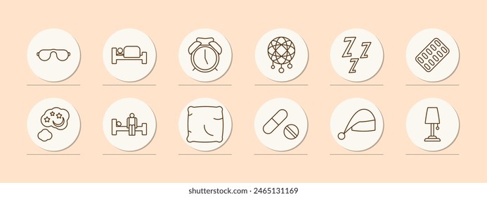 Dream set icon. Slumber, repose, bed, alarm clock, dream catcher, Z, snoring, melatonin, pillow, tablets, pills, sleep cap, lamp, man on doss. Sleep concept.