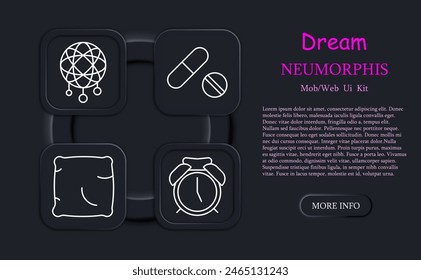 Dream set icon. Slumber, repose, bed, alarm clock, dream catcher, Z, snoring, melatonin, pillow, tablets, pills, sleep cap, lamp, man on doss, neomorphism. Sleep concept.