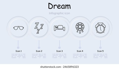 Dream set icon. Slumber, repose, bed, alarm clock, dream catcher, Z, snoring, melatonin, pillow, infographic, sleep cap, neomorphism, black on white. Sleep concept.