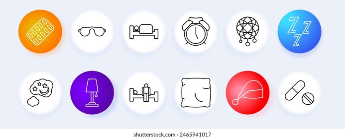 Dream set icon. Slumber, repose, bed, hypnotic, alarm clock, dream catcher, Z, snoring, melatonin, pillow, night light, tablets, sleeping pill, sleep cap, lamp, man on doss. Sleep concept.