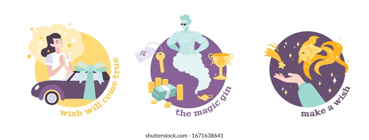 Dream set with three compositions of flat images with magical items prizes wishes and editable text vector illustration