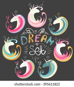 Dream set of unicorns and decorative elements, cute magic collection with rainbow, fairy wings, stars, hearts, ... Colorful Hand drawn vector collection.