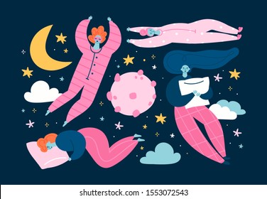 Dream set. Various sleeping girls with pillows. Sleepover. Moon, clouds, stars, night. Hand drawn colored trendy vector illustration. Cartoon style. Flat design. All elements are isolated svg