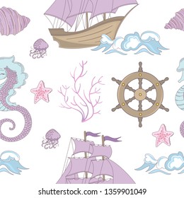 DREAM SHIP seamless pattern with ship and nautical theme wheel