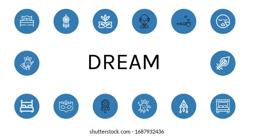 dream simple icons set. Contains such icons as Bed, Dreamcatcher, Eye mask, Hippie, Pipe of peace, Sleeping, Superhero, can be used for web, mobile and logo