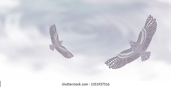 Dream sky and blying birds. Watercolor background and hand drawn doves. Romantic picture.