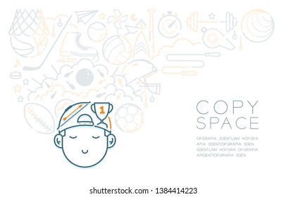 Dream with sleeping kid boy and sport equipment icon, Imagination of Future Occupation "Athlete" concept, poster or flyer template layout design illustration isolated on white background, with space