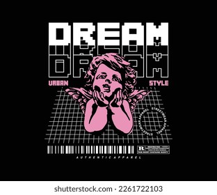 dream slogan with baby angels statue graphic vector illustration on black background, for streetwear and urban style t-shirts design, hoodies, etc.