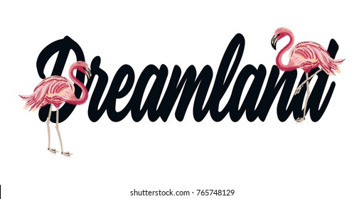 dream slogan and flamingo embroidery graphic
