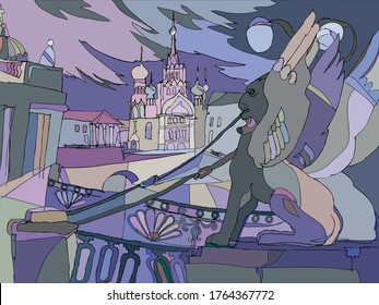 The dream of St. Petersburg winged lions in a silver night. Vector illustration. Idea for the design of a calendar, postcard, packaging, souvenir.