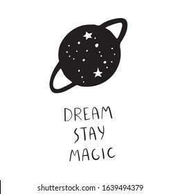 Dream stay magic phrase. JOVIAN moon and stars.  Illustration for a wall art design, poster, greeting card, printing. Aztec stile, tribal art, ethnic collection, design isolated on white background.	