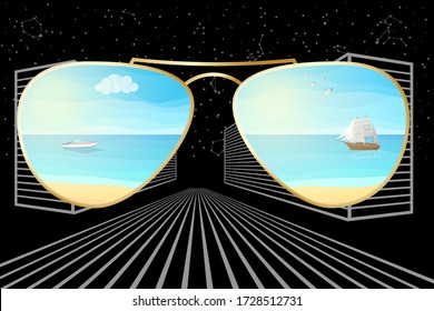 Dream of Summer Holidays in the Night City. Reflection of the Sea and Sky in Mirrored Sunglasses. Vector. 3D Illustration