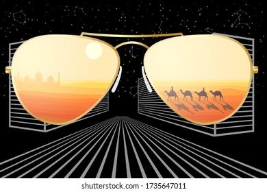 Dream of Summer Holidays in the Night City. Reflection of Desert and Caravan of Camels in Mirrored Sunglasses. Vector. 3D Illustration