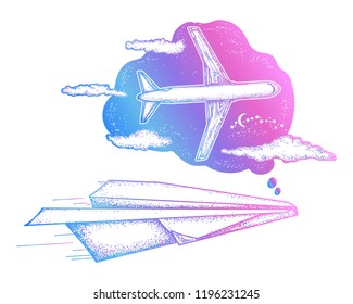 Dream tattoo and t-shirt design. Paper plane dreams to big plane. Symbol imagination, dream, motivation, creative art tattoo. Follow Dreams art 