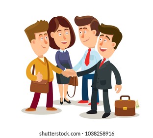 Dream team in business. Company employees after the productive meeting. Partnership. Business vector illustration, cartoon, concept, flat.
