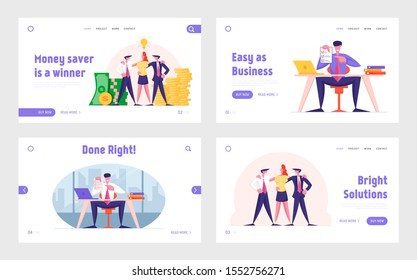 Dream Team and Business Contract Website Landing Page Set. Businesspeople Teamwork and Earning Money, Lawyer Presenting Paper Document for Signing Web Page Banner. Cartoon Flat Vector Illustration