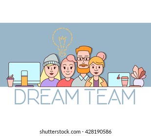 Dream team concept illustration, teamwork cartoon banner in modern flat thin line style-vector illustration isolated