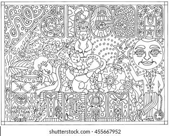 The Dream Team Hand Drawn Black and White Adult Color Book Vector Illustration Full Moon Sleeping Fantasy