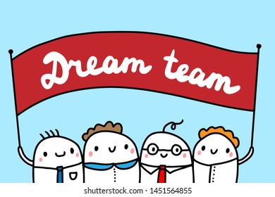 Dream team hand drawn vector illustration with cute cartoon people businessmen on blue background