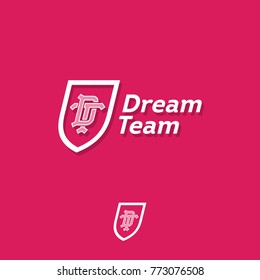 Dream team logo. Sport or business team emblem. D letter and T letter in the shield.