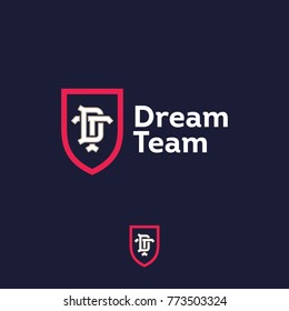 Dream team logo. Sport or business team emblem. D letter and T letter in the red shield. 