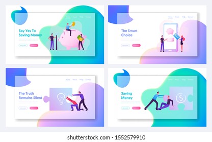 Dream Team and Money Saving Website Landing Page Set. Teamwork Business Colleagues Set Up Huge Puzzle Pieces. People Save Money in Piggy Bank Online Web Page Banner. Cartoon Flat Vector Illustration