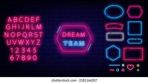 Dream Team Neon Schild in rosafarbenem Rahmen. Sportmarke. Das glänzend rosa Alphabet. Grenzsammlung. Vorlage zur Förderung des Nachtlebens. Leuchteffektbanner. Vektorgrafik