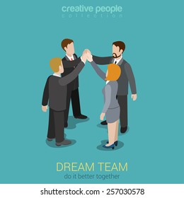 Dream team teambuilding togetherness flat 3d web isometric infographic business work concept vector template. Four businesspeople join hands to make a deal. Creative people collection.