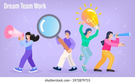 Dream team work, success. Different member in a creative group. People with big object. Man and woman with lamp, megaphone, magnifying lens, binoculars. Vector illustration.