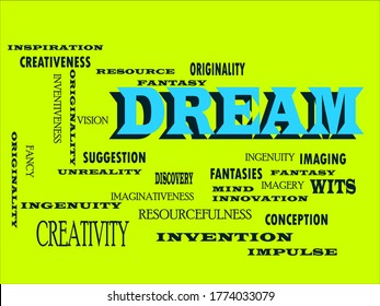 Dream text a meaningful word related thoughts displayed at blue illustrator English language abstract. 