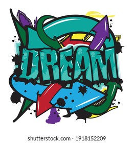 'Dream' typography with graffiti style and grunge effects vector illustration text art on white background.