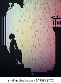 dream under the rain, boy is sitting on the stairs and looking at the rain and pigeons, shadows,  vector