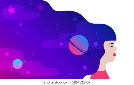 Ilustración vectorial de diseño plano Joven con ojos cerrados con espacio nocturno estrellado en su cabello largo sobre fondo blanco