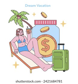 Concepto Dream Vacation. Ahorro de dinero para viajes de placer con frasco de monedas y maleta. Relajación y visualización de objetivos de viaje. Ilustración vectorial plana.