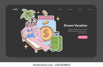 Dream Vacation concept. Saving money for leisure travel with coin jar and suitcase. Relaxation and travel goals visualization. Flat vector illustration.