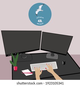 Dream, vacation planning, female hands on the keyboard, workplace - vector. A hypothetical journey.
