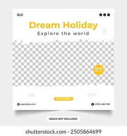 Plantilla de diseño de publicaciones de redes sociales de vacaciones de ensueño. Tour y Anuncio de viaje para publicidad de negocios. Diseño de Anuncio de promoción de agencia de viajes para Web e instagram post Plantilla.