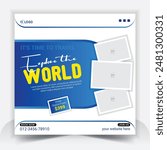 Dream vacation and tour planner agency social media banner. Holiday travel banner template with dark blue and white colors. Tour and travel social media post design